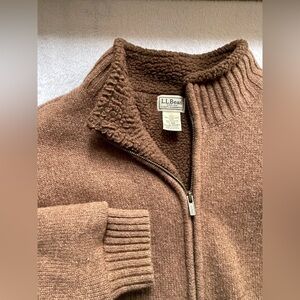 L.L. Bean Lamb’s Wool Sherpa Lined Men's Zip-Up Sweater in Warm Brown Size L